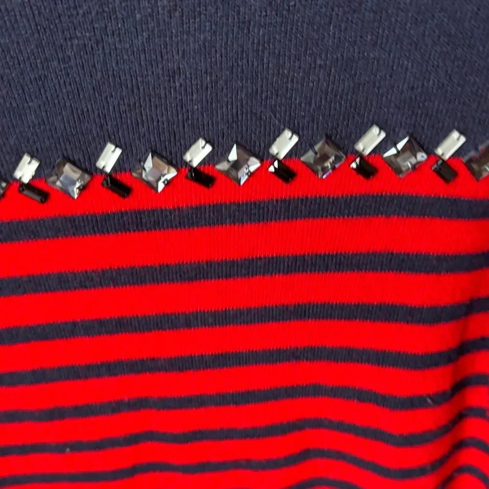 J. Crew Breton-Striped Women's Navy Red Gem Rhinestone sweater wool top Med EUC